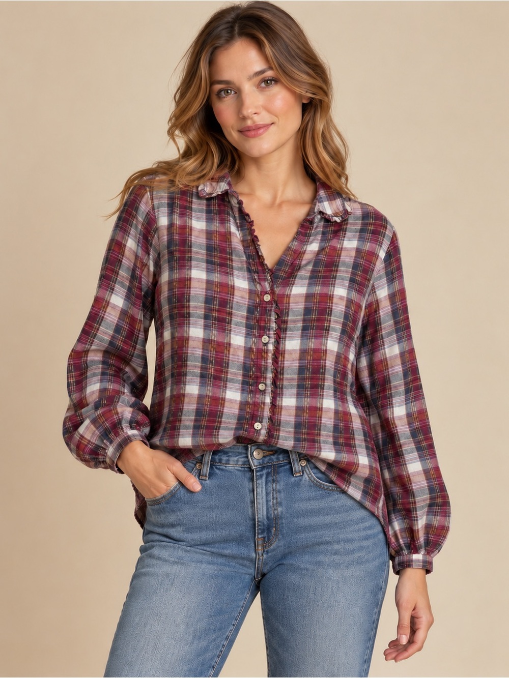 Cloth & Stone Plaid Ruffle-Trim Button-Front Shirt, Size M